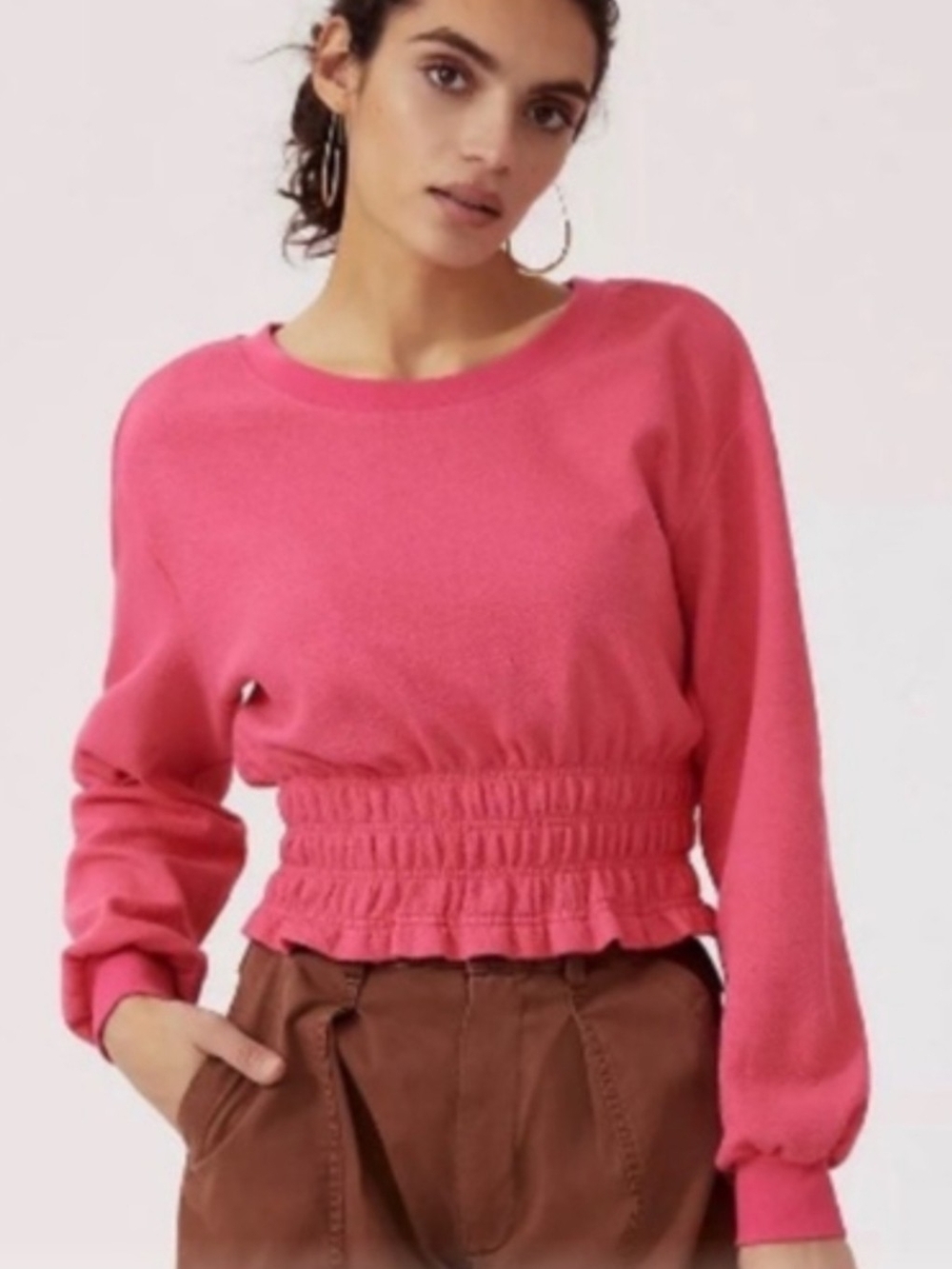 Maeve Anthropologie Smocked Boat Neck Jumper Size S Cropped Sweatshirt Pink